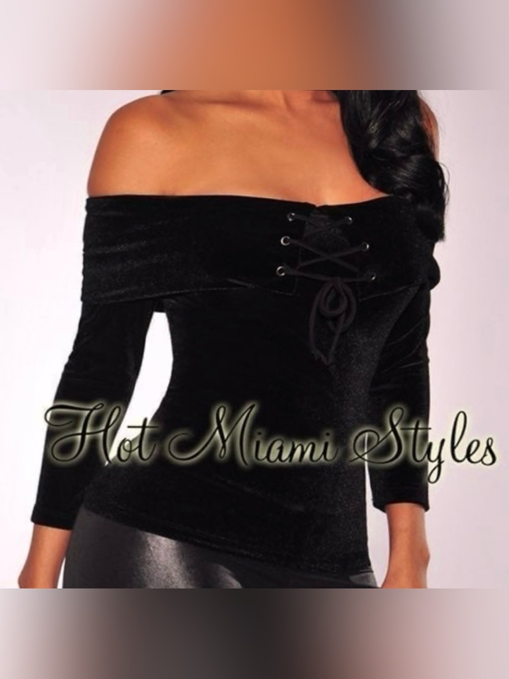 Hot Miami Styles Black Velvet Off Shoulder Lace Up Top - Small